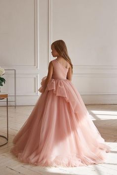 AB051 One shoulder Tulle dress | Mia Bambina Boutique Layered Tulle Skirt, First Communion Dresses, Kids Gown, Gowns For Girls, Flowing Dresses, Communion Dresses, Pageant Dresses, Girls Party Dress, Dresses Kids Girl