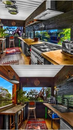 two pictures of the inside of a house with wood floors and walls, one showing an outdoor kitchen