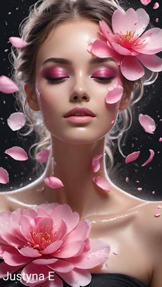 a beautiful woman with pink flowers in her hair and make - up is surrounded by petals