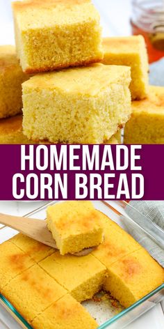 homemade cornbread is cut into squares and placed on a plate