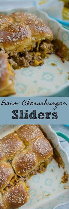 two plates with sandwiches on them and the words bacon cheesy sliders below