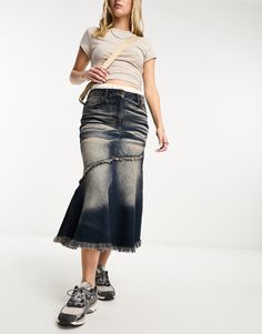 Skirts by Collusion Exclusive to ASOS High rise Belt loops Five pockets Frayed details Regular fit Skirt Ideas, Asymmetrical Shirt, Fishtail Skirt, Style Finder, Top Skirt Set, Orange Top, Denim Midi Skirt, Jeans Rock, Black Rib