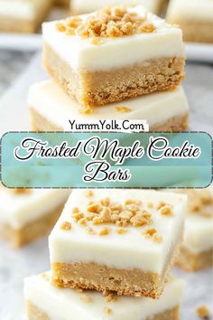 four pieces of frosted maple cookie bars stacked on top of each other with the words,