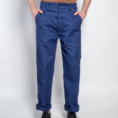 Le Laboureur French Cotton Work Pant in Navy Relaxed Fit Cotton Work Pants With Button Closure, Relaxed Fit Cotton Work Pants With Belt Loops, Chino Cotton Twill Work Pants With Belt Loops, Cotton Utility Work Pants With Straight Hem, Straight Leg Utility Chino Pants, Straight Leg Cotton Work Pants With Side Pockets, Cotton Wide Leg Work Pants With Welt Pockets, Cotton Work Pants With Patch Pockets And Tapered Leg, Wide Leg Cotton Work Pants With Welt Pockets