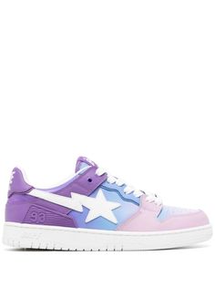 lavender purple/multicolour calf leather panelled design perforated toebox star patch detail logo patch at the tongue branded heel counter round toe front lace-up fastening branded insole flat rubber sole Ape Bape, Coach Sneakers, Balenciaga Track, Purple Shoes, Bathing Ape, Balenciaga Triple S, Lavender Purple, Summer Beach Wear, A Bathing Ape