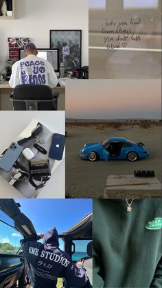 a collage of photos with cars, people and words written on the side of them