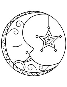 a crescent with a star on it and some swirls around the moon coloring page