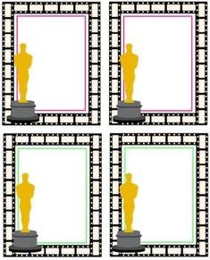 four different pictures with an oscar statue in the middle one is yellow and the other two are green