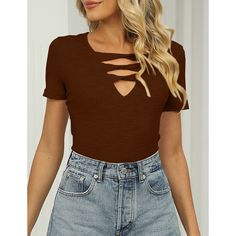 Coffee Rib Strappy Hollow-out Neck Short Sleeve Tees Brown V-neck Solid Color Top, Brown Solid Color V-neck Top, Trendy Solid Brown Tops, Black Rib, Women Tops, Short Sleeve Tee, Womens Tops, Tops & Tees, Coffee