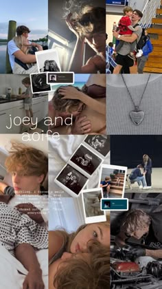 a collage of photos with people and words on them that say, joy and love