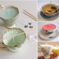 tea cups and saucers with candles in them