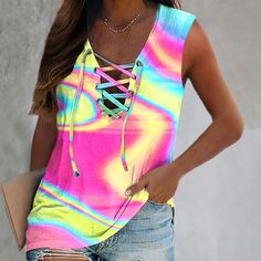 Product Name Fashion Lace-up Beautiful Tie-dye Vest Designer SPU 10096053 Gender Women Occasion Casual Material 65%polyester，35%cotton  Please Note: All dimensions are measured manually with a deviation of 1 to 3CM      SIZE BUST LENGTH IN CM IN CM S 39.8 102 26.2 68 M 41.3 106 26.5 68 L 42.9 110 27 69.5 XL 45.2 116 27 69.5 2XL 47.6 122 27.7 71 3XL 49.9 128 27.7 71 4XL 52.3 134 28.3 72.5 5XL 54.6 140 28.3 72.5 Pink Rainbow Print Top For Summer, Summer Pink Tops With Rainbow Print, Pink Rainbow Print Top For Spring, Pink Tops With Rainbow Print For Spring, Spring Pink Tops With Rainbow Print, Colorful Outfit, Chiffon Party Dress, Floral Print Pants, Retro Graphic Tees