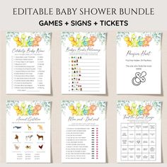 the editable baby shower game is shown in four different colors and font, including flowers