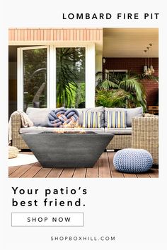 the patio furniture is featured in this ad for fire pit products, including pillows and throw pillows