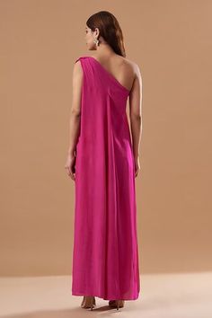 Hot pink draped one-shoulder jumpsuit in georgette base. - Aza Fashions Pink Draped One Shoulder Summer Dress, One Shoulder Jumpsuit, Lotus Design, Blue Lotus, Aza Fashion, Online Design, Jumpsuits For Women, Lotus, Hot Pink