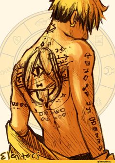 a drawing of a man with tattoos on his chest and back, sitting in front of an astro sign