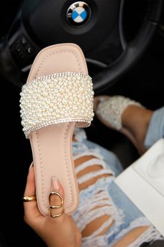 Shop Nude Faux Pearl Slip On Sandals at MISSLOLA.COM Luxury Chic Wedding Shoes For Summer, Designer Party Sandals, Miss Lola, Slip On Sandals, Girly Shoes, Embellished Sandals, Shoe Game, Cute Shoes, Slide Sandals