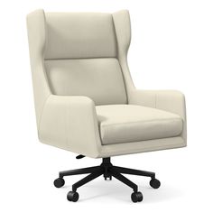 a white office chair with black wheels and casteors on an isolated white background, viewed from the front