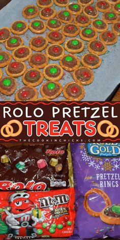 an assortment of pretzel treats and candy on a table with the title overlay