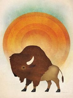 an illustration of a bison standing in front of the sun with its horns curled up