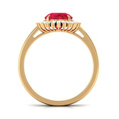 Product Details This exquisite cocktail ring is adorned a created ruby gemstone set in claw setting, surrounded by a dazzling halo of sparkling baguette and round shape Diamond stones. The deep red hue of the simulated ruby is beautifully enhanced by the bright and brilliant Diamond stones, creating a captivating and glamorous effect. This ring is the perfect statement piece for those who appreciate the unique beauty and sophistication of created ruby and Diamond, and want to add a touch of elegance and luxury to their jewelry collection. Make heads turn with this exquisite cocktail ring on your finger. Product Information SKU SHP-RINGS082216874 Width 12.5 mm Height 5 mm Weight 2.32 gm (Approximate) LAB CREATED RUBY INFORMATION No.of Stones 1 Pieces Total Weight 1.30 Carat (Approximate) Di Ruby Cocktail, Claw Setting, Ring With Diamond, 18k Yellow Gold Ring, Unique Beauty, Ruby Gemstone, Diamond Halo, Brilliant Diamond, Cocktail Ring