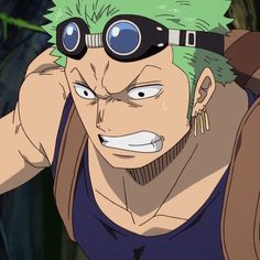 an anime character with green hair and goggles