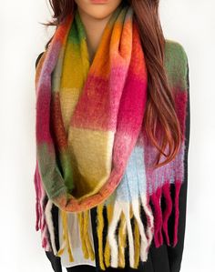 "Ladies Burgundy Red Maroon checked blanket scarf, oversized rainbow wool scarf / thick Winter shawl wrap. Chunky, warm Winter scarf that is long, large, thick and fluffy! Multicolour colour block tartan print scarf shawl for women. Oversized scarf or chunky wrap that makes the perfect ladies gift or \"gift for her\"! Easy to wear; this multi purpose vibrant and bright colourful scarf can be worn as a shawl wrap, big wrap scarf, infinity scarf or wearable blanket. Beautifully designed quality wool scarf in a blend of gorgeous colours - wine red, yellow, orange, hot pink, green etc - the perfect accessory for colder days. Stunning premium quality womens scarf; very Limited Edition, at this incredible low price! - Thick, warm and cosy; luxury premium quality soft delicate feel. - On trend; r Cozy Multicolor Scarves For Cold Weather, Multicolor Scarf, One Size, For Fall, One-size Multicolor Scarf For Fall, Multicolor One Size Scarf For Fall, One Size Multicolor Scarves For Fall, Multicolor One Size Scarves For Fall, Multicolor Scarves For Cold Weather In Fall, Multicolor Acrylic Scarves For Winter, Multicolor Acrylic Winter Scarves