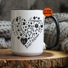 a black and white coffee mug with the words, nurse's heart on it