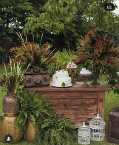 a cake on top of a wooden table surrounded by plants