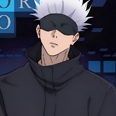 an anime character with white hair and black hoodie in front of a blue background