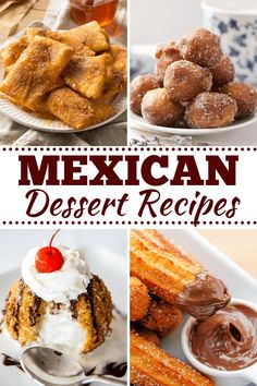 mexican desserts with chocolate sauce and ice cream on them are featured in this collage