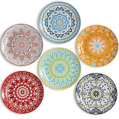 four plates with different designs on them are arranged in the same pattern as shown here