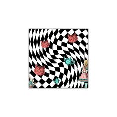 an abstract black and white checkered pattern with pink flowers