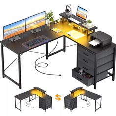 a computer desk with two monitors and keyboard