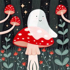 a painting of a mushroom with stars on it's head in the middle of a forest