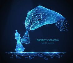 a man is playing chess on a dark blue background with the words business strategy written below it