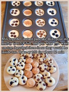 there is a plate full of cookies and muffins next to the cookie sheet that says mix together instant pancake mix pour into mini muffins