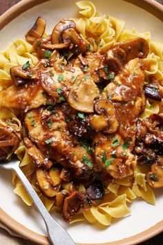 a plate of pasta with mushrooms and sauce