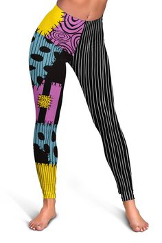 a woman wearing colorful leggings with an abstract design