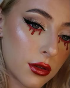 Rhinestone Eye Makeup Halloween, Red Jewels Makeup, Red Rhinestone Eye Makeup, Red Halloween Makeup Looks, Halloween Rhinestone Makeup, Red Euphoria Makeup, Friday The 13th Makeup Looks, Halloween Makeup With Rhinestones, Scream Make Up Looks