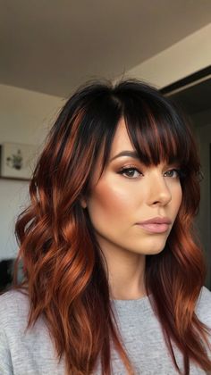 Copper Hair on Dark Hair Copper Highlights Red Balayage Hair With Bangs, Copper Hair With Black Highlights, Black Roots Copper Hair, Dark Root Copper Balayage, Dark Copper Bob, Hair Copper Highlights, Black And Copper Hair