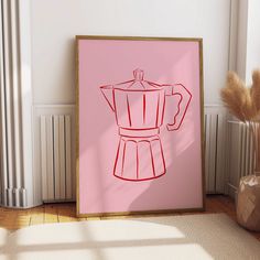 a drawing of a coffee pot on a pink background