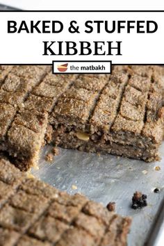 baked and stuffed kibbeh is cut into squares on a cutting board with the title above it