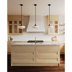 an image of a kitchen setting with lights on the ceiling and cabinets in the background