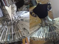 a dress made out of newspapers is shown in two different views, one showing the back and