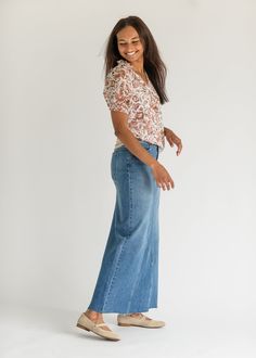 Let us introduce you to the denim skirt you'll want to wear with everything, the Lee A-Line Raw Hem Maxi Skirt! This stunning maxi denim skirt is an Inherit Design made in the USA! Crafted from high quality, stretchy, medium wash denim that is super soft and will keep you comfortable all day long. The A-line fit is walkable, modest, and on-trend with a raw hem. This sustainable, modest, American-crafted skirt is a true seasonless staple you will wear for years to come! Style | Midi, Denim Color Spring Full-length Relaxed Fit Denim Skirt, Spring Full-length Relaxed Denim Skirt, Spring Full Length Relaxed Fit Denim Skirt, Spring Denim Blue Full-length Maxi Skirt, Casual Medium Wash Full Length Maxi Skirt, Spring High Rise Dark Wash Maxi Skirt, Relaxed Full Length Denim Skirt In Medium Wash, High-rise Dark Wash Maxi Skirt For Spring, Casual Medium Wash Full-length Maxi Skirt