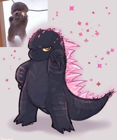 a drawing of a godzilla with pink stars on it's chest and an image of a poodle in the background