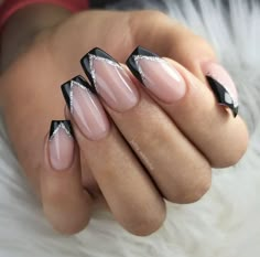 Silver Acrylic Nails, Black And White Nail, Nail 2023, Prom Nails Silver, Graduation Nails, Black Acrylic Nails, Formal Nails, Coffin Shape Nails, Makijaż Smokey Eye