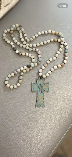 Matte 36” Amazonite necklace with reversible bronze patina cross. Great layering necklace, wear alone or wrap around your neck as a choker. Handmade in Franklin, Tennessee. Amazonite Necklace, Bronze Patina, Wrap Around, Layered Necklaces, Patina