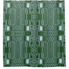 a green and white shower curtain with an electronic circuit pattern